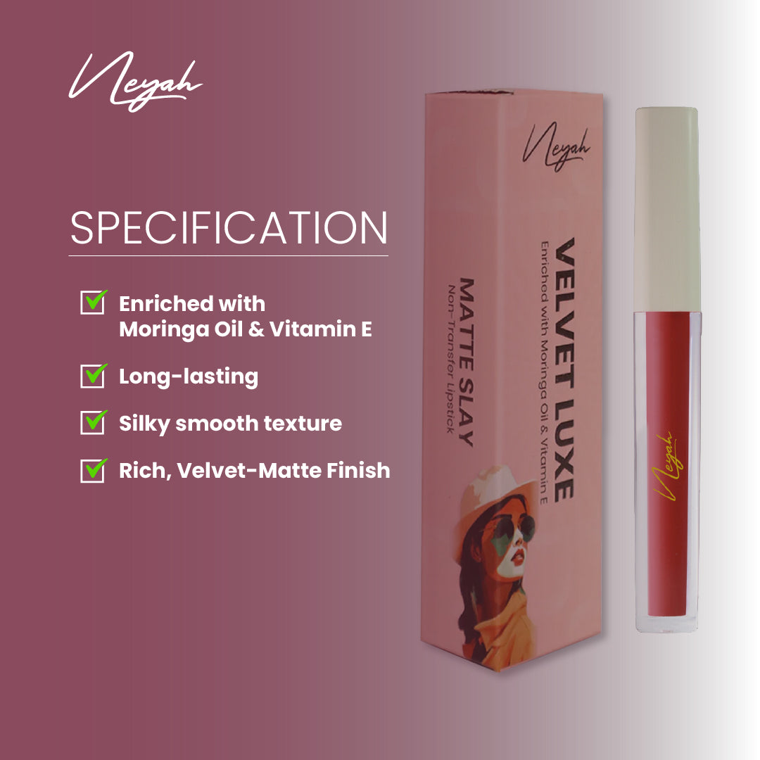 Velvet Luxe Matte Slay Non-Transfer Lipstick – Enriched with Moringa Oil & Vitamin E