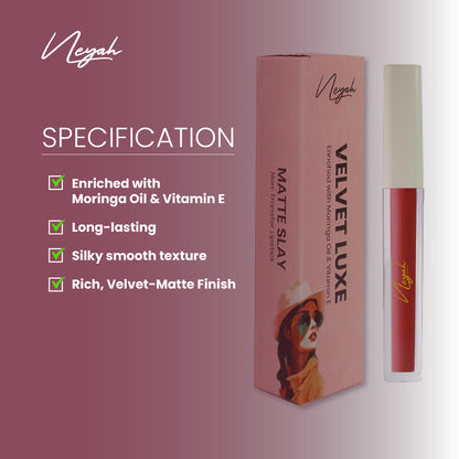 Velvet Luxe Matte Slay Non-Transfer Lipstick – Enriched with Moringa Oil & Vitamin E