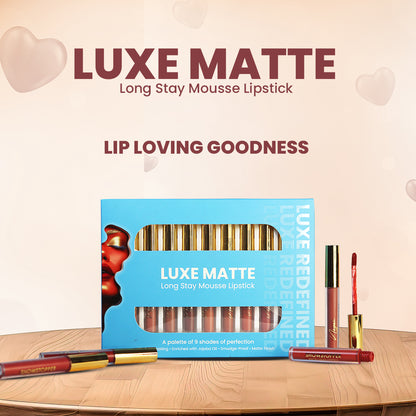 LUXE MATTE LONG STAY MOUSSE LIPSTICK (PALETTE OF 9 – 2 VARIANTS BROWNS & NUDES)